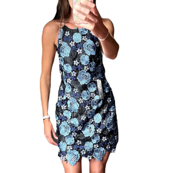 NWT Topshop Strappy Cocktail Dress Blue sz 12 Embroidered Lace Flowers Low Back - Picture 1 of 13